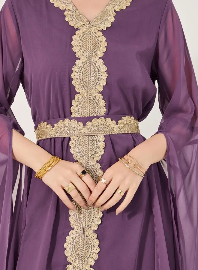 Styli Lace Insert Cape Sleeve V-Neck A-Line Kaftan