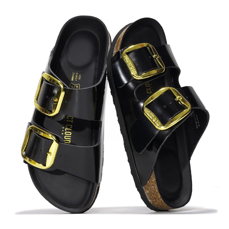 Project Cloud Genuine Leather Flat Sandals for Women 2026 Comfortable Beach Essentials Womens Sandals Memory Foam Vacation Essentials Slides for Women Footwear (Santorini, Blackpat, 6) - Image 1