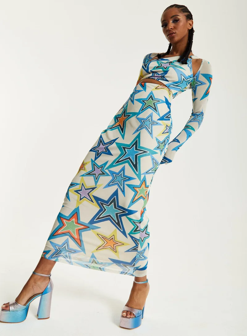 Star Print Maxi Dress With Cut Out