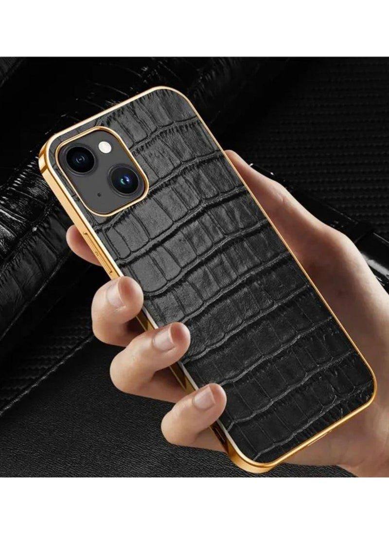 Color Fans - Phone Case for iPhone 13 Electroplating Shockproof Case Crocodile Texture Genuine Leather Coated TPU Back Shell - Black - Image 1