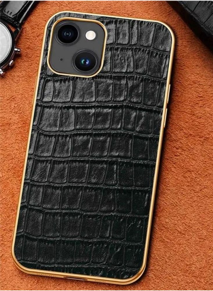 Color Fans - Phone Case for iPhone 13 Electroplating Shockproof Case Crocodile Texture Genuine Leather Coated TPU Back Shell - Black - Image 1
