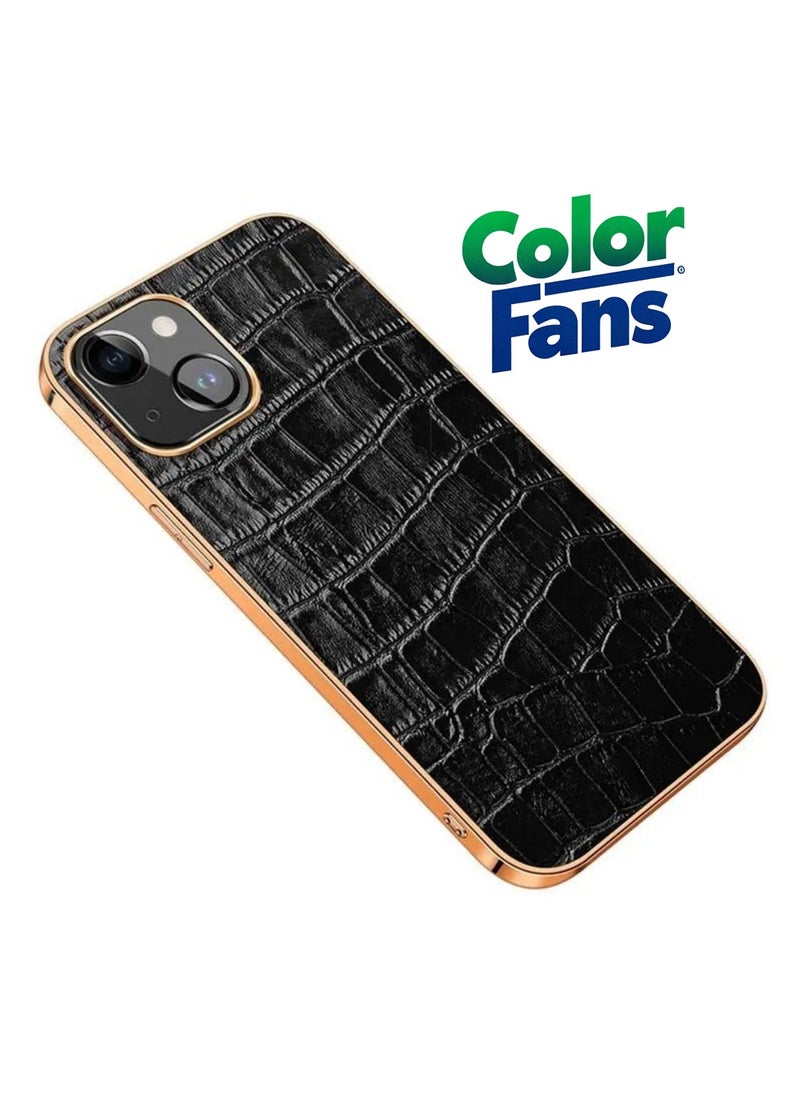 Color Fans - Phone Case for iPhone 13 Electroplating Shockproof Case Crocodile Texture Genuine Leather Coated TPU Back Shell - Black - Image 1