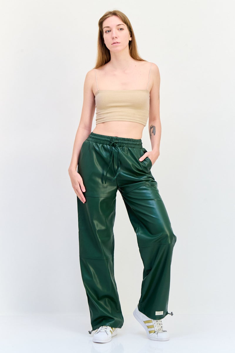 The Giving Movement Women Regular Fit Plain Leather Jogger Pants, Green - Image 3