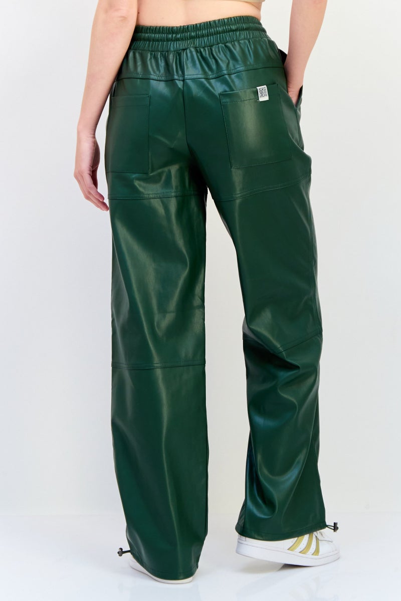 The Giving Movement Women Regular Fit Plain Leather Jogger Pants, Green - Image 2