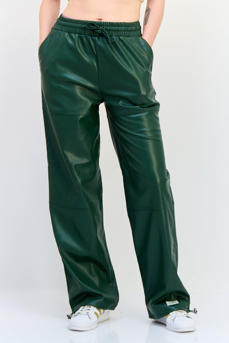 The Giving Movement Women Regular Fit Plain Leather Jogger Pants, Green - Image 1