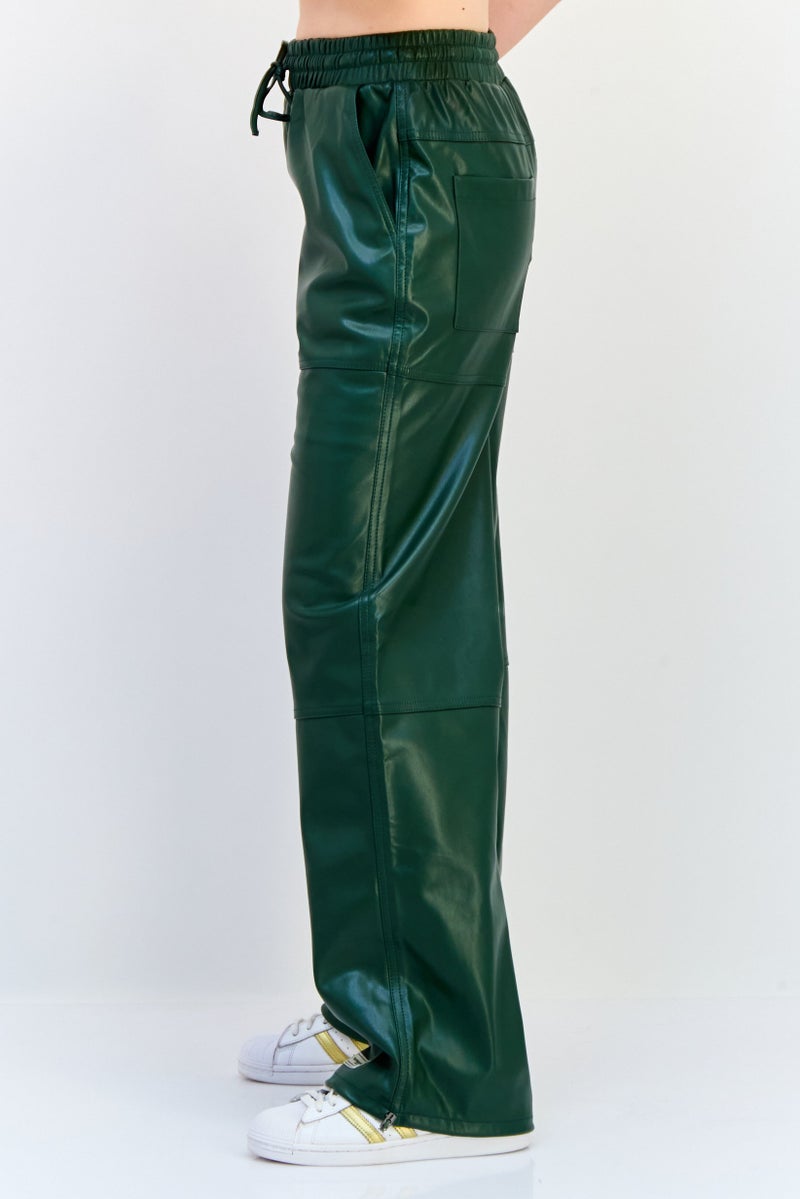 The Giving Movement Women Regular Fit Plain Leather Jogger Pants, Green - Image 4