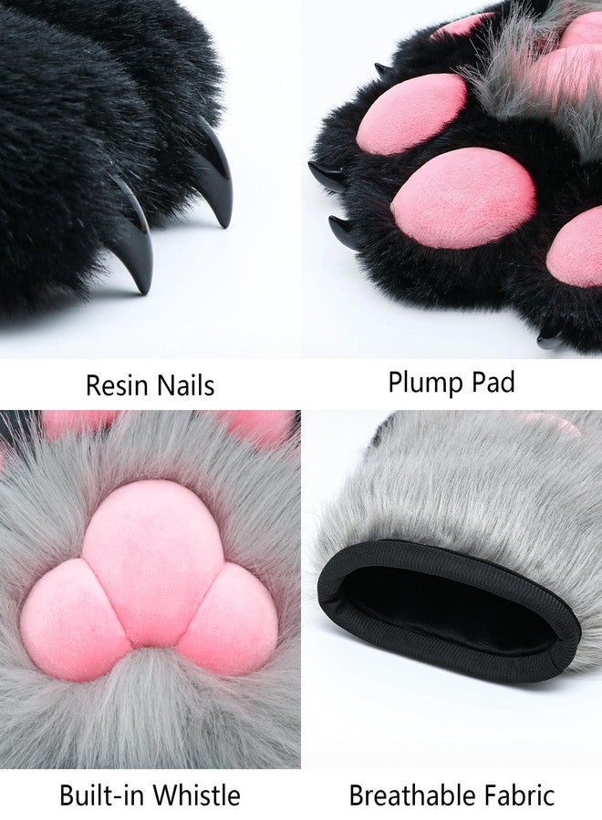 BNLIDES Cosplay Fursuit Paw Gloves Furry Claw Gloves Built-in Whistle Decompression Toys Costume Party Accessories for Adult (Grey-Black) - Image 2