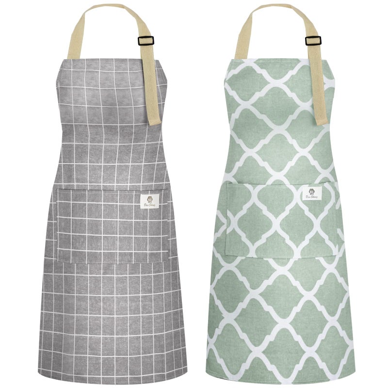 NLUS 2 Pack Kitchen Cooking Aprons Adjustable Bib Waterproof Chef Apron with 2 Pockets for Men WomenGreen PlaidGrey Plaid