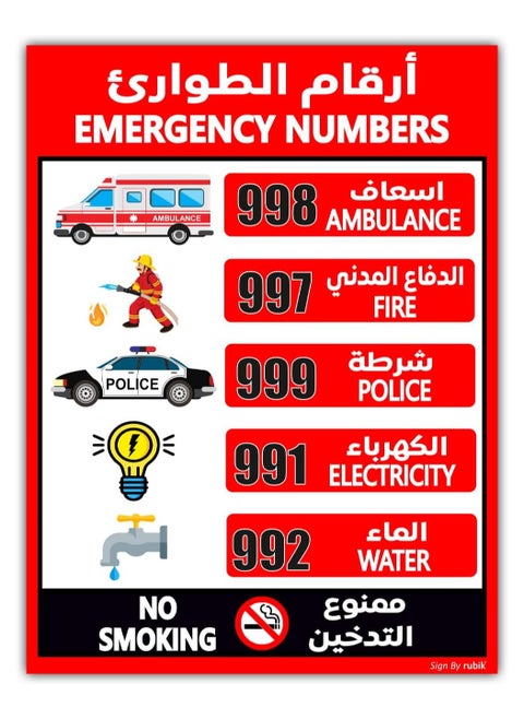 UAE Emergency Numbers Magnetic Sticker Sign, Removable, Highly Reflective, Help Line List, Waterproof, Premium Magnet Sign (Small 15x20cm)