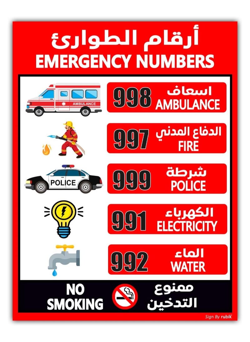 UAE Emergency Numbers Magnetic Sticker Sign, Removable, Highly Reflective, Help Line List, Waterproof, Premium Magnet Sign (Small 15x20cm)