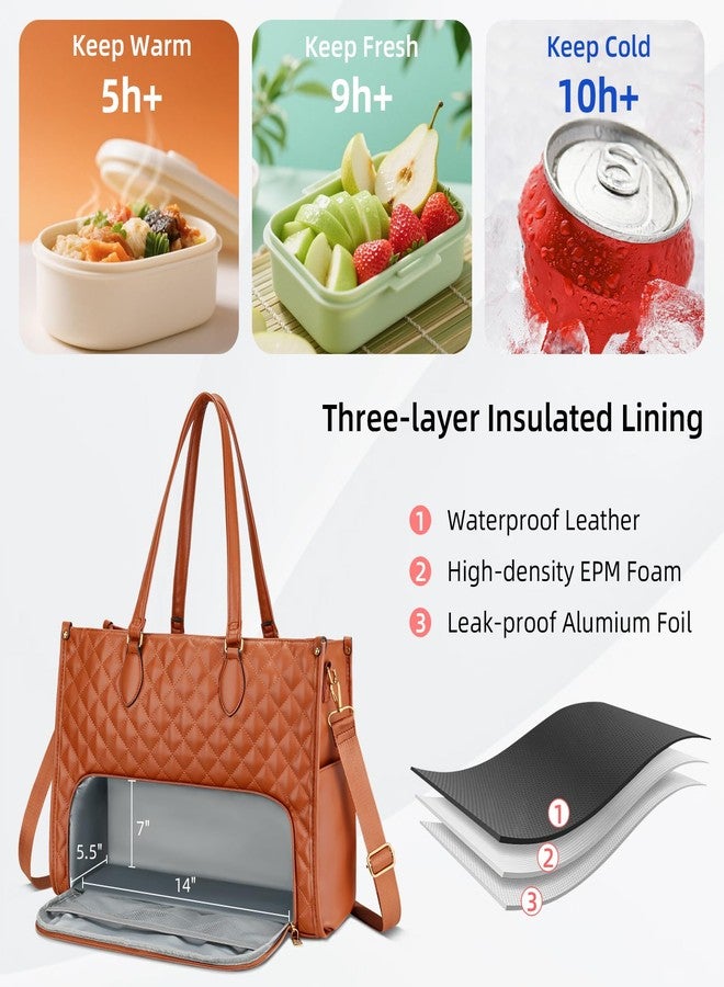 KKXIU Updated 2-in-1 Insulated Lunch Bag & 15.6 Inch Laptop Tote for Women, Large Capacity Thermal Meal Bag with Padded Laptop Compartment, Quilted Work Purse for Office, Teacher, Commuter (Brown) - Image 4