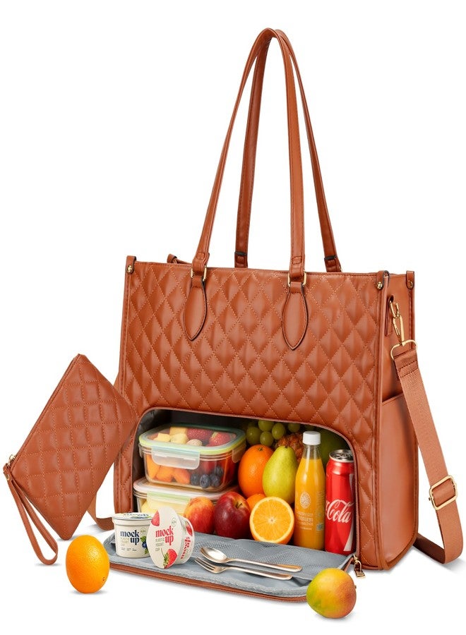 KKXIU Updated 2-in-1 Insulated Lunch Bag & 15.6 Inch Laptop Tote for Women, Large Capacity Thermal Meal Bag with Padded Laptop Compartment, Quilted Work Purse for Office, Teacher, Commuter (Brown) - Image 1