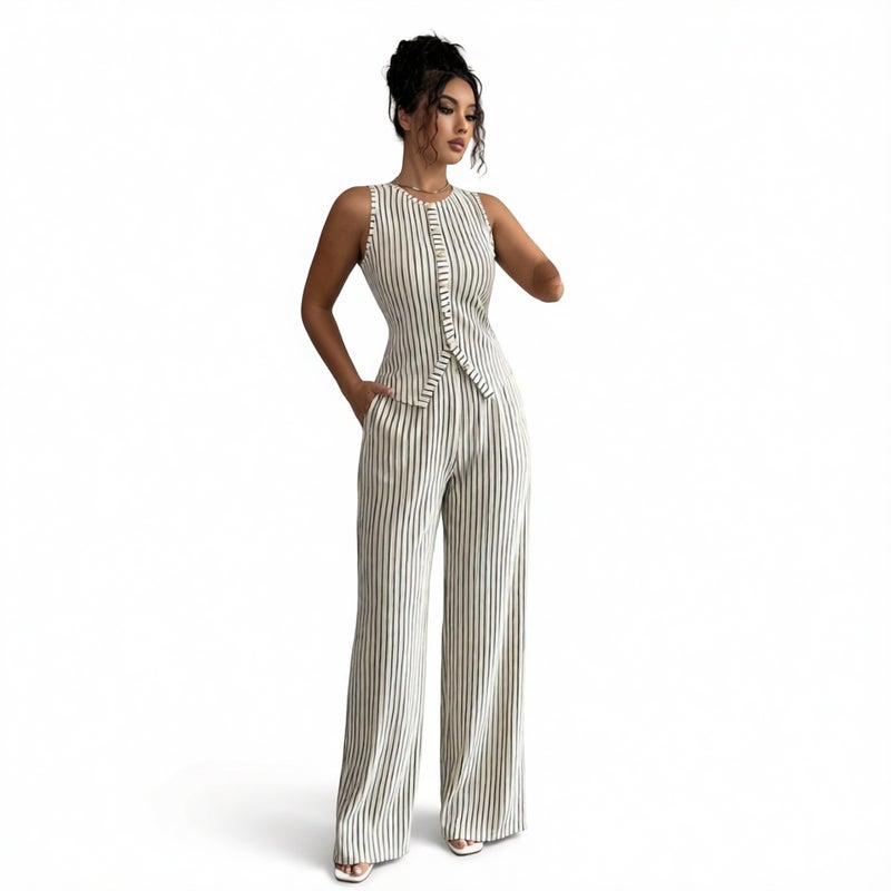 Striped Vest And Pants Set Women Summer Casual Office Two Piece Outfit - Image 1