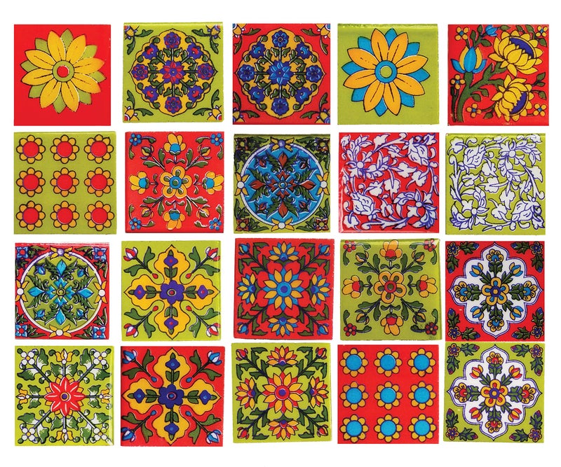 Shiv Kripa Blue Pottery Shiv Kripa Blue Art Pottery Interior Exterior Crafted Tabletop Flooring Wall Festive Decorative 2 x 2 inch Tiles Pack of 20 Tiles (Green, Red & Multi) - Image 1