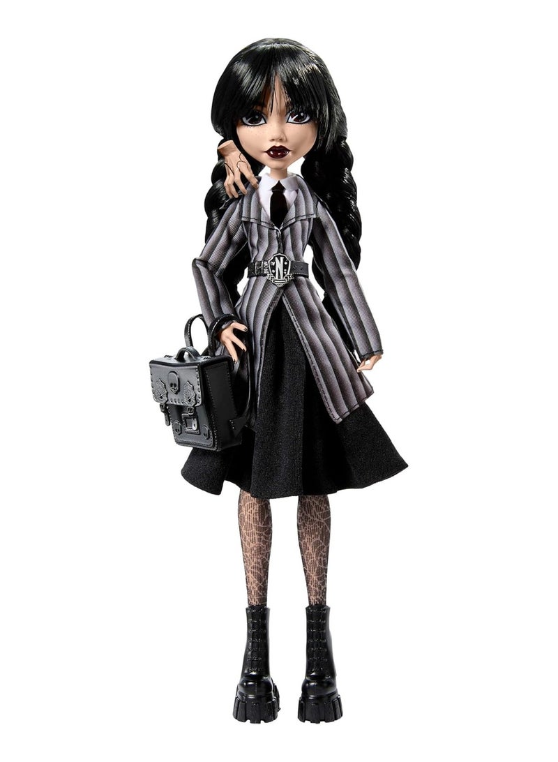 General Wednesday Doll and Accessories Wednesday Addams Collectible in Nevermore Academy Uniform with Thing and Backpack Doll Stand  - Image 1
