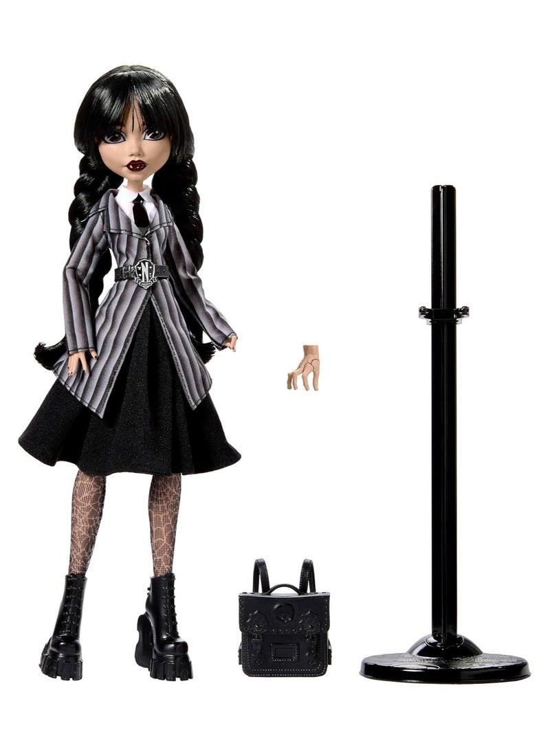 General Wednesday Doll and Accessories Wednesday Addams Collectible in Nevermore Academy Uniform with Thing and Backpack Doll Stand  - Image 2