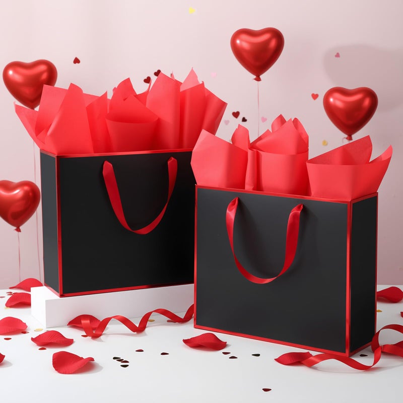 ReliThick 12 Pack Metallic Paper Gift Bag with Handles and Tissue Paper 11.8 x 10 x 4'' Thank You Favor Bag for St. Patrick's Day Wedding Bridesmaid Groomsman 5 Senses Gifts (Black,Red) - Image 5