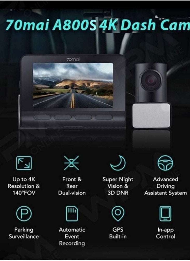 70mai - 70mai A800S Dual Vision True 4K Dash Cam, Built-in GPS, ADAS, in App Playback & Share, Optional Parking Monitoring (Front + Rear Cam) - Image 1