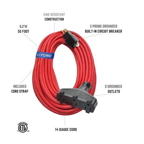 Clear Power 50 ft 14/3 SJTW 3 Outlet Heavy Duty Outdoor Extension Cord with Circuit Breaker Plug, Water, Weather & Kink Resistant, Flame Retardant, Red, 3 Prong Grounded Plug, CP10142 - Image 2