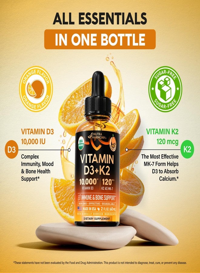 NUTRAHARMONY Vitamin D3 K2 USDA Organic Drops - Vitamin D3 10000 IU & K2 as MK-7 120mcg - Immune & Mood Support, Bone & Teeth Health - Sugar-Free Orange Flavor - Liquid Supplement - Made in USA - 2 FL OZ, 60 Days - Image 5