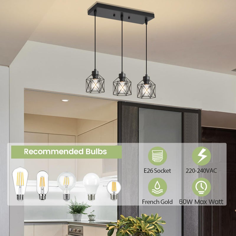 ROCUNSI 3-Light Hanging Pendant Light Fixtures, Farmhouse Kitchen Island Light Fixture, Industrial Hanging Pendant Lighting for Dining Room Bedroom Hallway, Black Metal Cage Pendant Lamp, E26 Base - Image 2