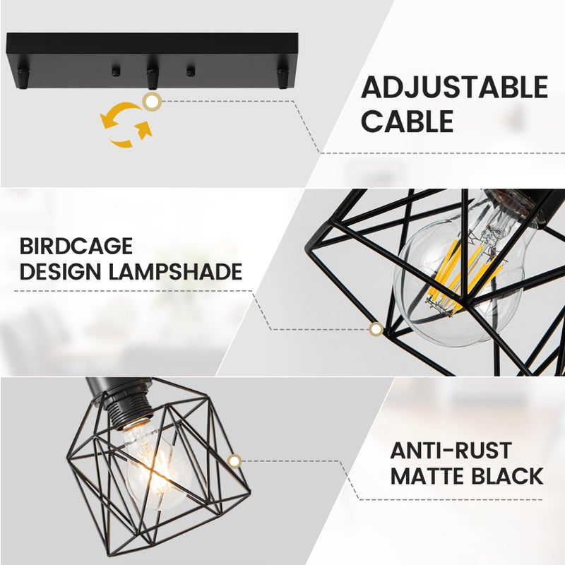 ROCUNSI 3-Light Hanging Pendant Light Fixtures, Farmhouse Kitchen Island Light Fixture, Industrial Hanging Pendant Lighting for Dining Room Bedroom Hallway, Black Metal Cage Pendant Lamp, E26 Base - Image 5