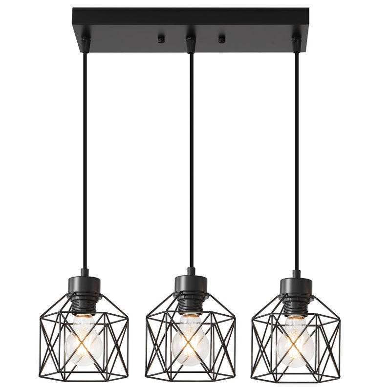 ROCUNSI 3-Light Hanging Pendant Light Fixtures, Farmhouse Kitchen Island Light Fixture, Industrial Hanging Pendant Lighting for Dining Room Bedroom Hallway, Black Metal Cage Pendant Lamp, E26 Base - Image 1