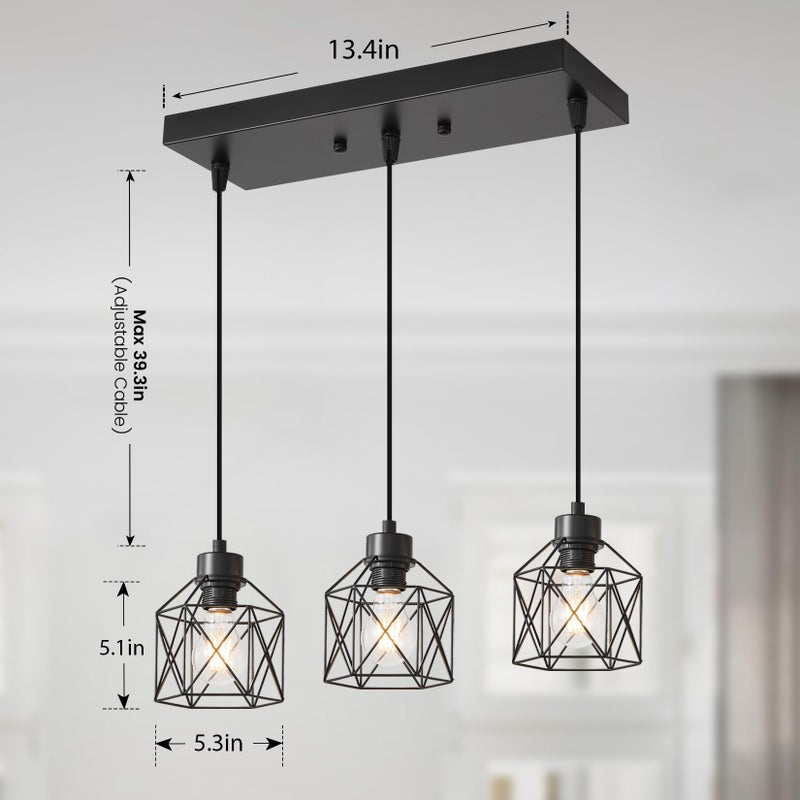 ROCUNSI 3-Light Hanging Pendant Light Fixtures, Farmhouse Kitchen Island Light Fixture, Industrial Hanging Pendant Lighting for Dining Room Bedroom Hallway, Black Metal Cage Pendant Lamp, E26 Base - Image 4