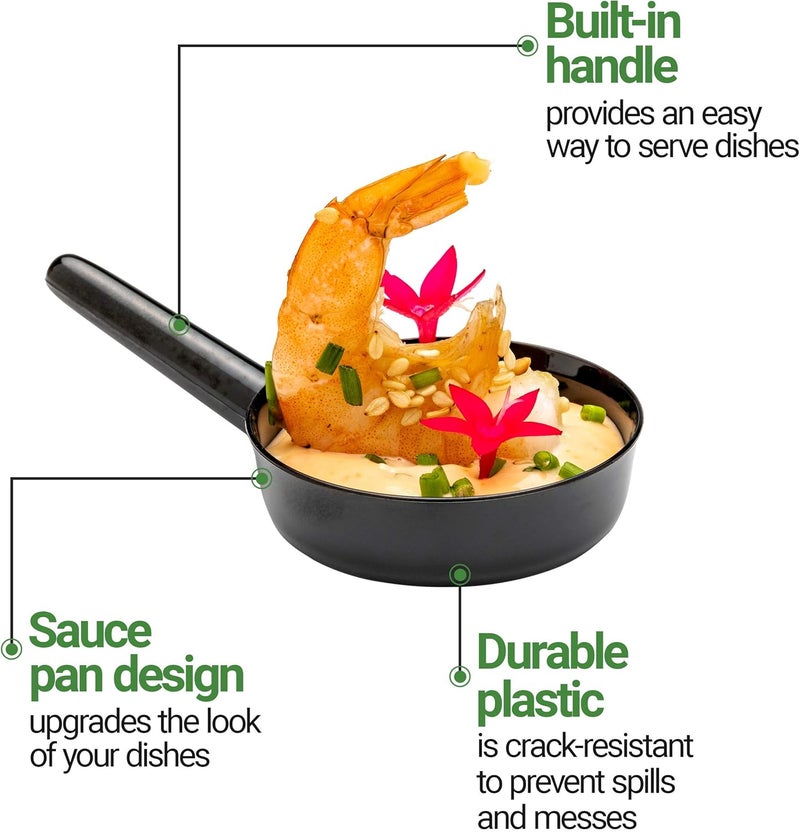 Restaurantware 1 Ounce Disposable Dessert Cups 100 Mini Sauce Dishes  Sauce Pan Design Serve Condiments Snacks or Samples Black Plastic Small Appetizer Plates For Parties or Catered Events - Image 5