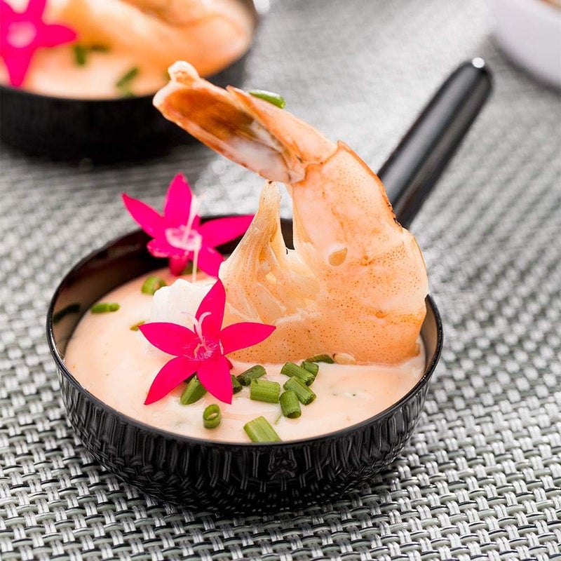 Restaurantware 1 Ounce Disposable Dessert Cups 100 Mini Sauce Dishes  Sauce Pan Design Serve Condiments Snacks or Samples Black Plastic Small Appetizer Plates For Parties or Catered Events - Image 3