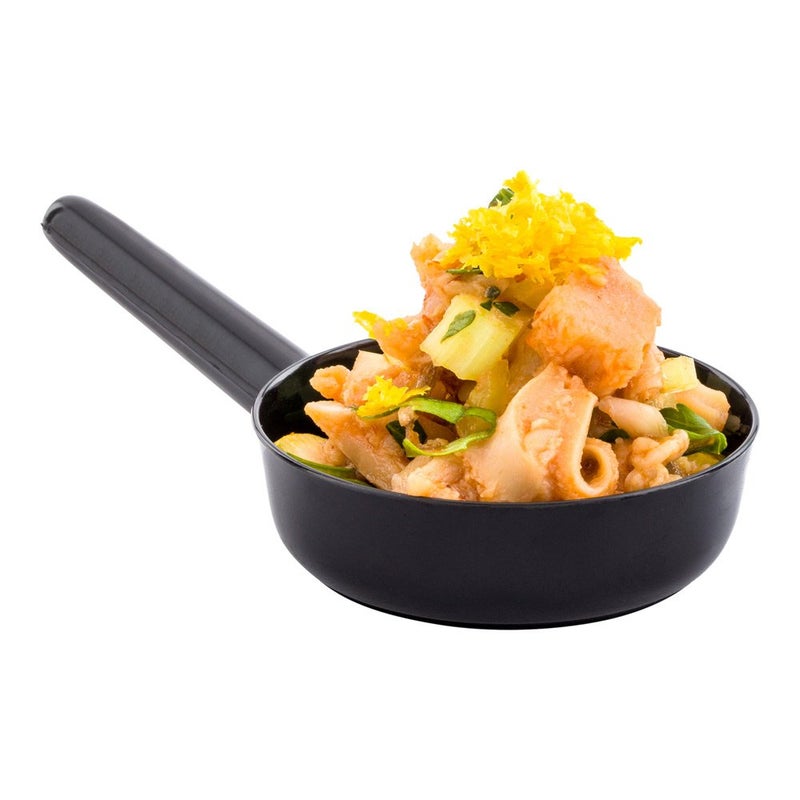 Restaurantware 1 Ounce Disposable Dessert Cups 100 Mini Sauce Dishes  Sauce Pan Design Serve Condiments Snacks or Samples Black Plastic Small Appetizer Plates For Parties or Catered Events - Image 1