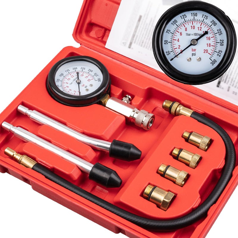 Clatoon 8pcs Petrol Engine Cylinder Compression Tester Kit Small Engine Compression Tester Automotive Tool Gauge 0300PSI for Testing Car Motorcycle Outboard Motor Snowmobile Chainsaw