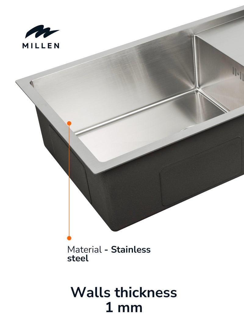 MILLEN Premium Handmade Undermount Single Bowl Sink With Drainer – SUS 304 Stainless Steel, Soundproof, Satin Finish - MSD854420SS - Image 3