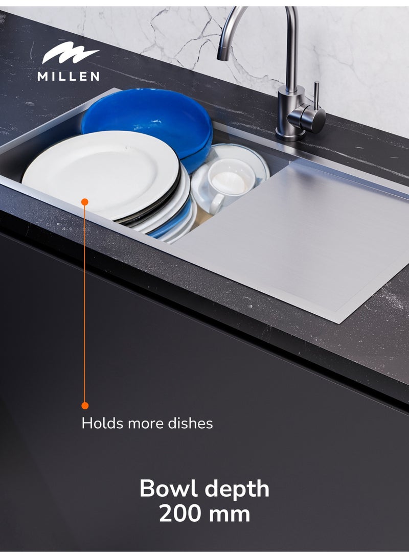 MILLEN Premium Handmade Undermount Single Bowl Sink With Drainer – SUS 304 Stainless Steel, Soundproof, Satin Finish - MSD854420SS - Image 5
