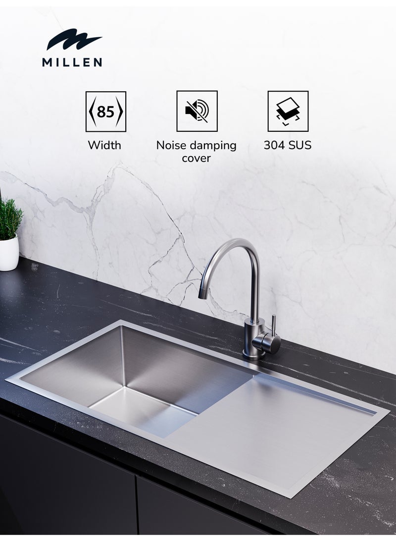 MILLEN Premium Handmade Undermount Single Bowl Sink With Drainer – SUS 304 Stainless Steel, Soundproof, Satin Finish - MSD854420SS - Image 1