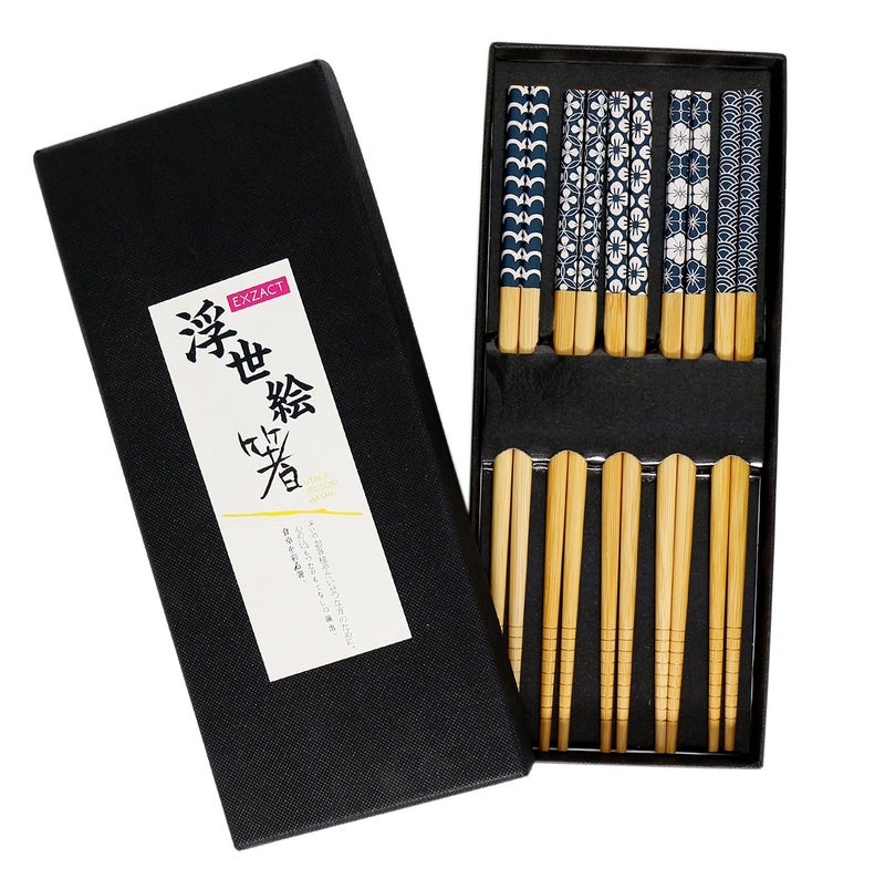 Exzact Chopsticks Gift Set - 5 Pairs of Reusable Natural Bamboo Chopsticks in a Beautiful Black Handmade Box - Decorated Japanese Ancient Blue Ornamentation (Blue) - Image 1