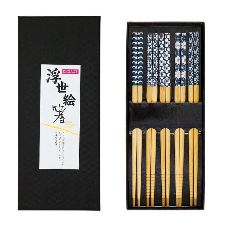 Exzact Chopsticks Gift Set - 5 Pairs of Reusable Natural Bamboo Chopsticks in a Beautiful Black Handmade Box - Decorated Japanese Ancient Blue Ornamentation (Blue) - Image 2
