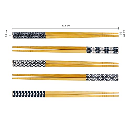 Exzact Chopsticks Gift Set - 5 Pairs of Reusable Natural Bamboo Chopsticks in a Beautiful Black Handmade Box - Decorated Japanese Ancient Blue Ornamentation (Blue) - Image 4
