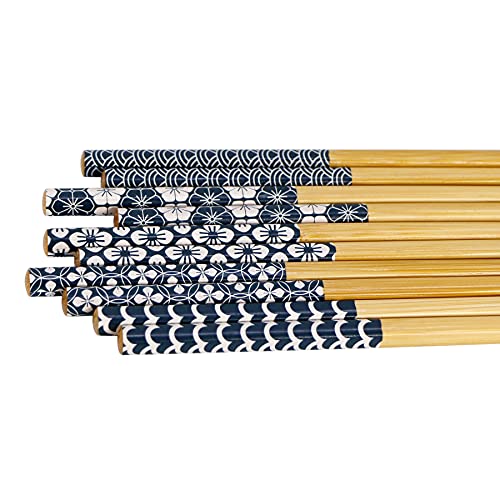 Exzact Chopsticks Gift Set - 5 Pairs of Reusable Natural Bamboo Chopsticks in a Beautiful Black Handmade Box - Decorated Japanese Ancient Blue Ornamentation (Blue) - Image 5
