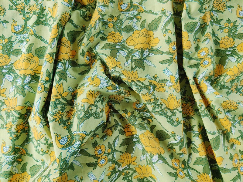 AVKA Studio Hand Block Print Fabric by The Yard - PRECUT 3 Yards 42 inch Width - 100% Cotton Material - Yellow Floral Pattern - Light Weight Indian Cloth for Making Kurti Summer Dress Salwar Kameez - Image 3