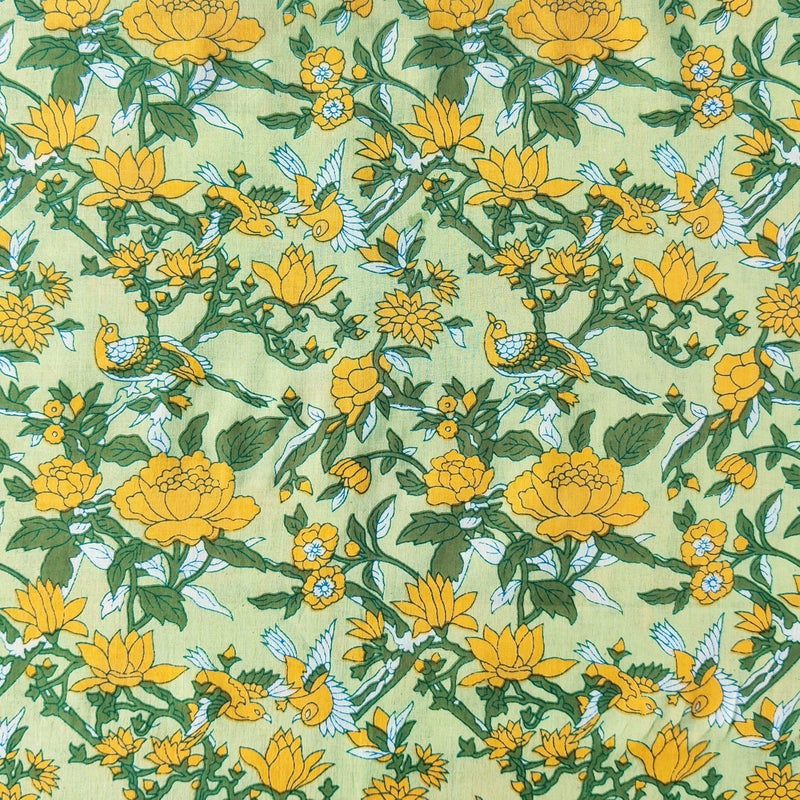 AVKA Studio Hand Block Print Fabric by The Yard - PRECUT 3 Yards 42 inch Width - 100% Cotton Material - Yellow Floral Pattern - Light Weight Indian Cloth for Making Kurti Summer Dress Salwar Kameez - Image 1