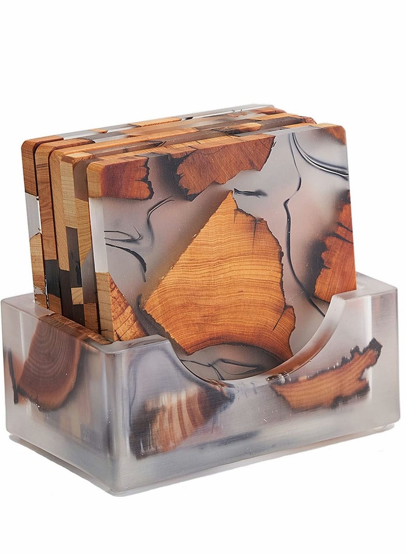 Excefore Wooden Coasters for Drinks, 6Pcs Natural Cedar Wood Coaster with Holder, Epoxy Coasters, Large Size Modern Coffee, Tea Home Decor - Image 1