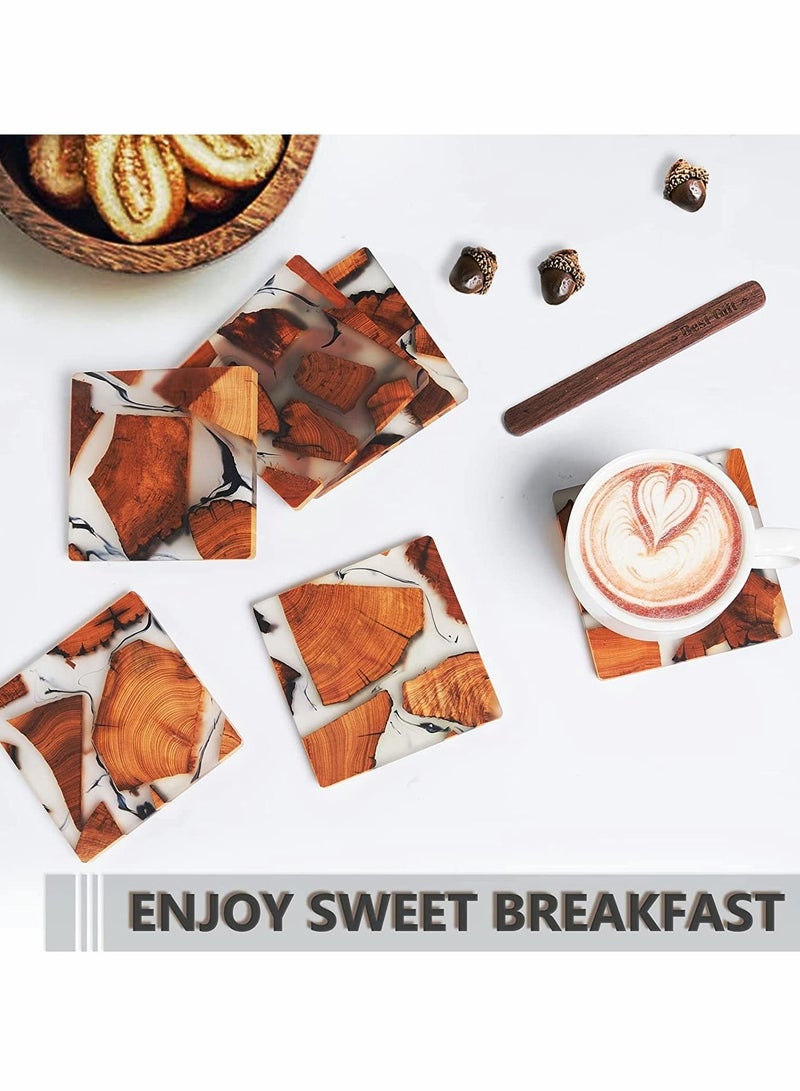 Excefore Wooden Coasters for Drinks, 6Pcs Natural Cedar Wood Coaster with Holder, Epoxy Coasters, Large Size Modern Coffee, Tea Home Decor - Image 3