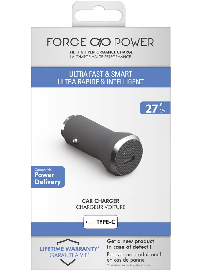 FORCE Force Power 27W USB C PD Power Delivery Car Charger Lifetime Warranty Gray  - Image 1