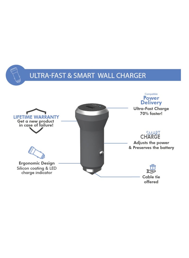 FORCE Force Power 27W USB C PD Power Delivery Car Charger Lifetime Warranty Gray  - Image 2