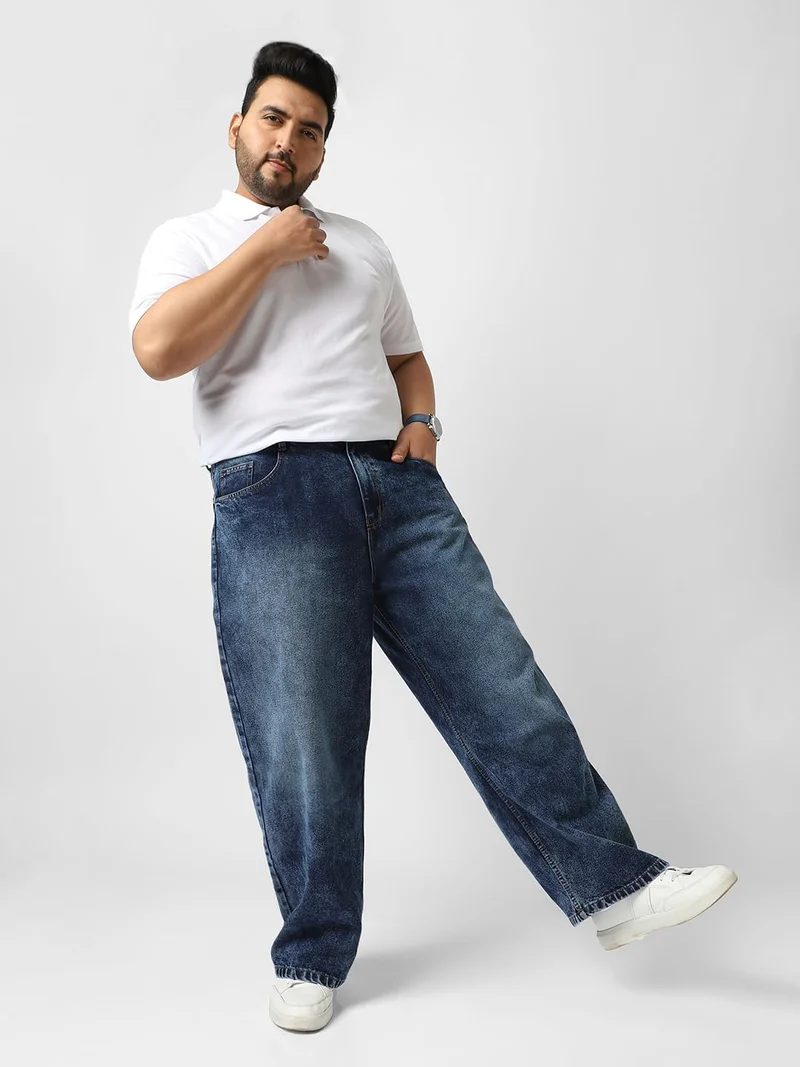 Urbano Fashion  Urbano Plus Men's Dark Blue Loose Baggy Fit Washed Jeans Non-Stretchable  | Best Price UAE