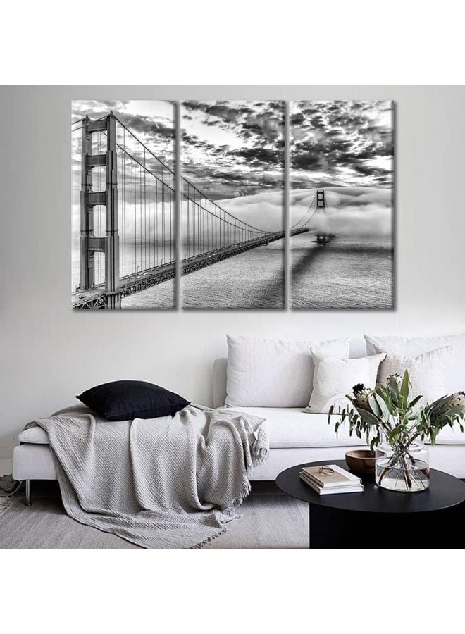 Home Trove Tumovo San Francisco Cityscape Office Decor Golden Gate Bridge Pictures Posters Black And White Wall Art Canvas Artwork For Walls 3 Panels Art Painting Prints With Wooden Frame, 42X28 Inch - Image 4