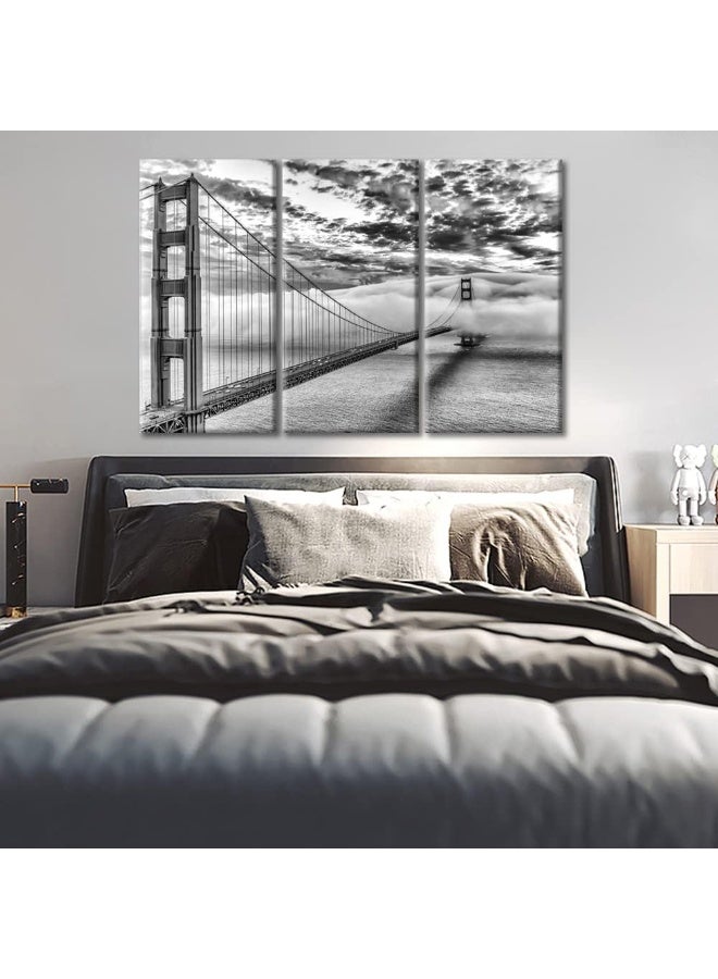 Home Trove Tumovo San Francisco Cityscape Office Decor Golden Gate Bridge Pictures Posters Black And White Wall Art Canvas Artwork For Walls 3 Panels Art Painting Prints With Wooden Frame, 42X28 Inch - Image 3