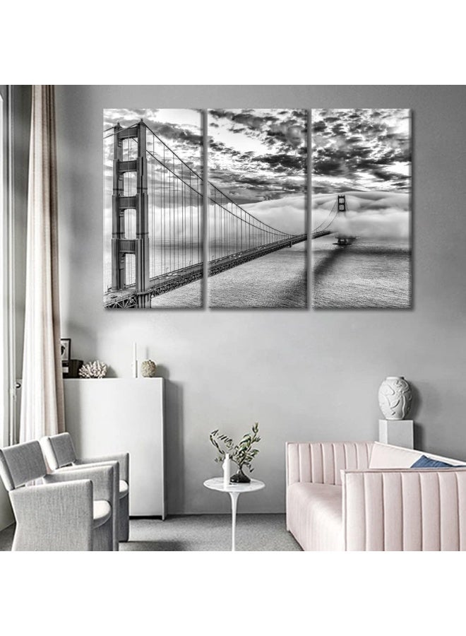 Home Trove Tumovo San Francisco Cityscape Office Decor Golden Gate Bridge Pictures Posters Black And White Wall Art Canvas Artwork For Walls 3 Panels Art Painting Prints With Wooden Frame, 42X28 Inch - Image 2