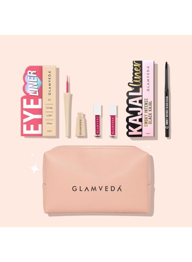Glamveda Pink Beauty Festive Gift Set of 4 | Makeup Kit with 24H Smoky Black Kajal | Pink Eyeliner | Long-Lasting Liquid Lipstick & Hydrating Lip Gloss | Gift For Woman | Travel Pouch Included - Image 1
